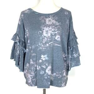 Chaser Floral Print Gray Top Ruffle Tiered Cascading Sleeve Gray Medium